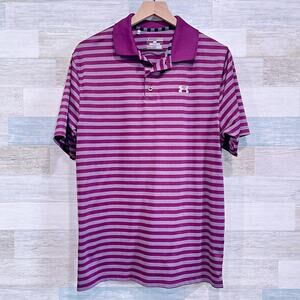 Under Armour Striped Performance Tech Polo Shirt Purple Loose Mens Medium